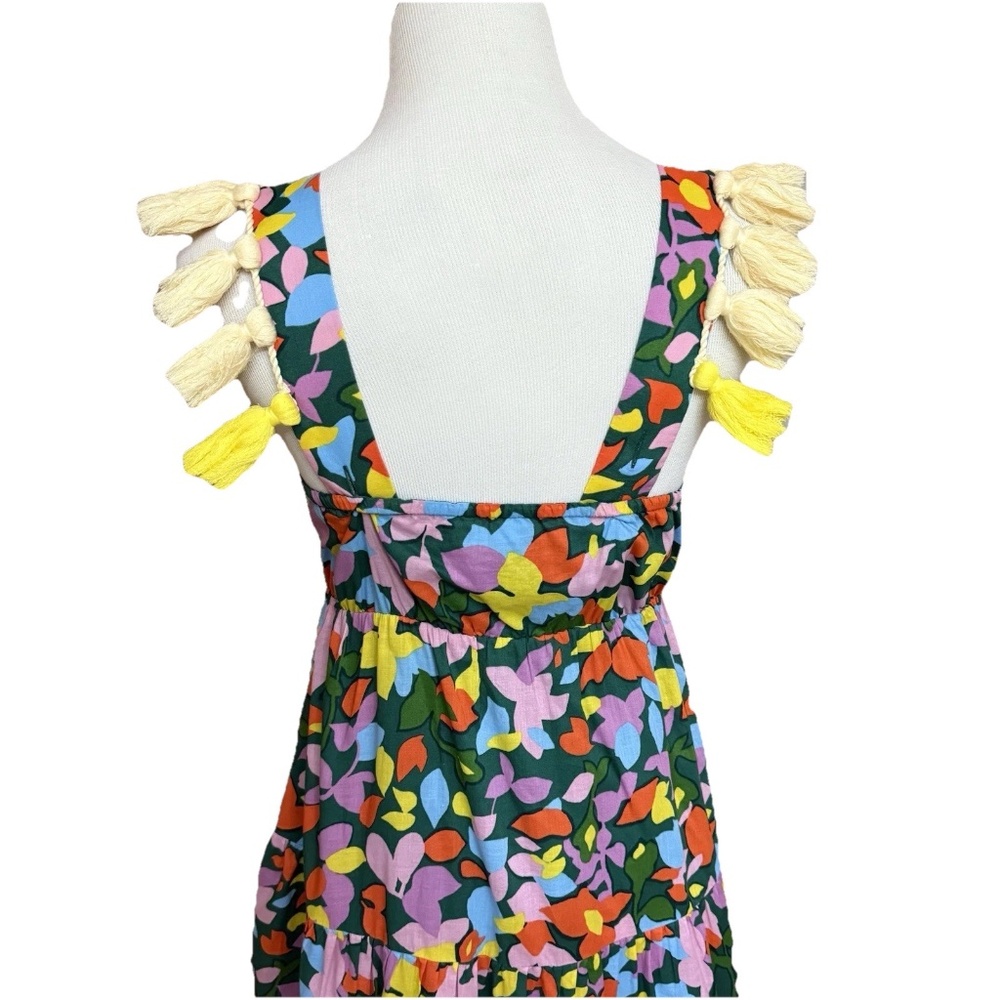 J.Crew Size XS Tassel Dress Confetti Green Floral Organic Cotton Tiered Midi - Picture 6 of 16